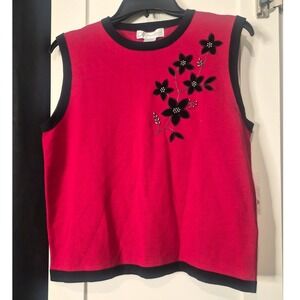 NWT Dressbarn Petite Red Sleeveless Sweater Vest Floral Beaded Crew Neck Size PL